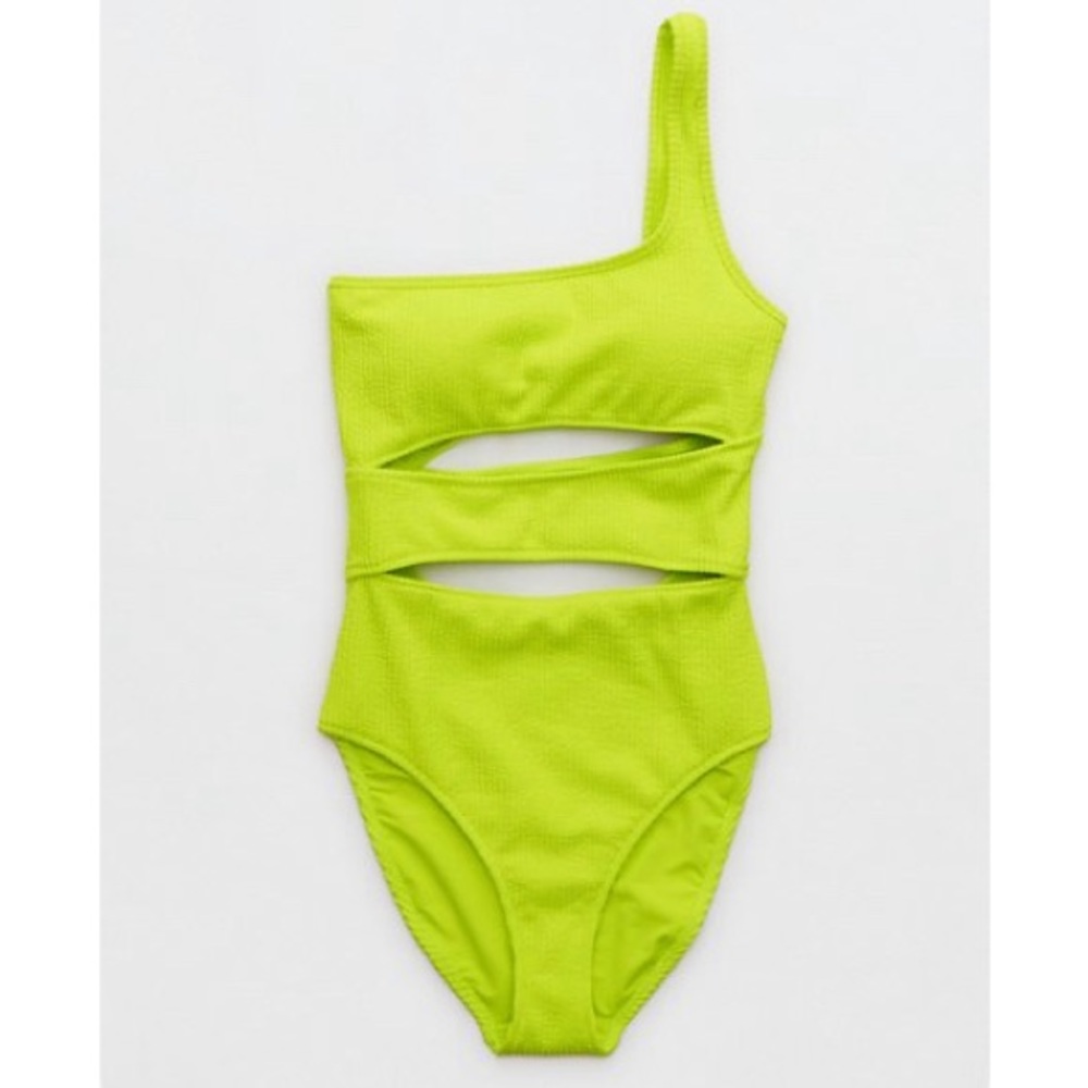 Aerie Crinkle Cut Out Neon Green One Shoulder One Piece Swimsuit Size M.